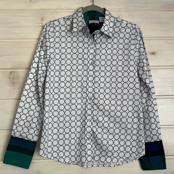 Tizzie Other - Tizzie Button Down White Shirt Black Circle Pattern Flannel Cuffs SZ Small Work